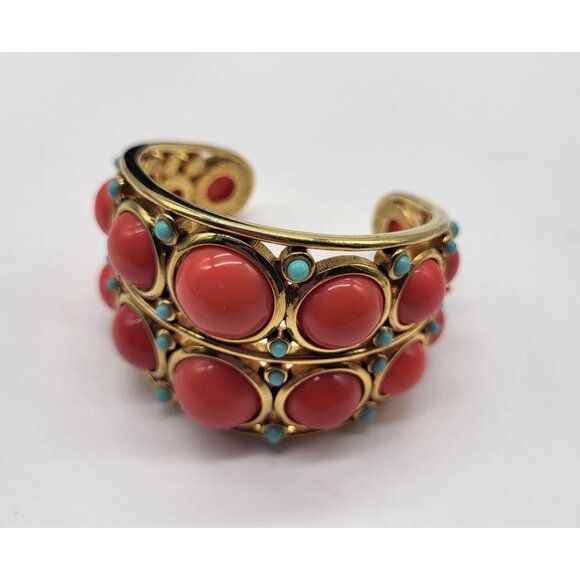 Faux Coral Turquoise Cabochon Open Cuff BOHO Gold Tone Bracelet *flaw - Picture 5 of 9